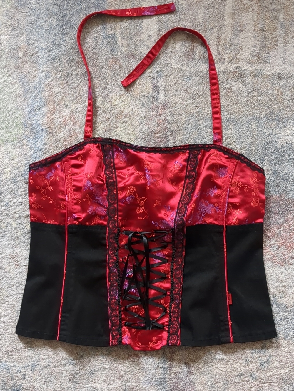 Tripp NYC Red and Black Satin Lace-Up Corset Top